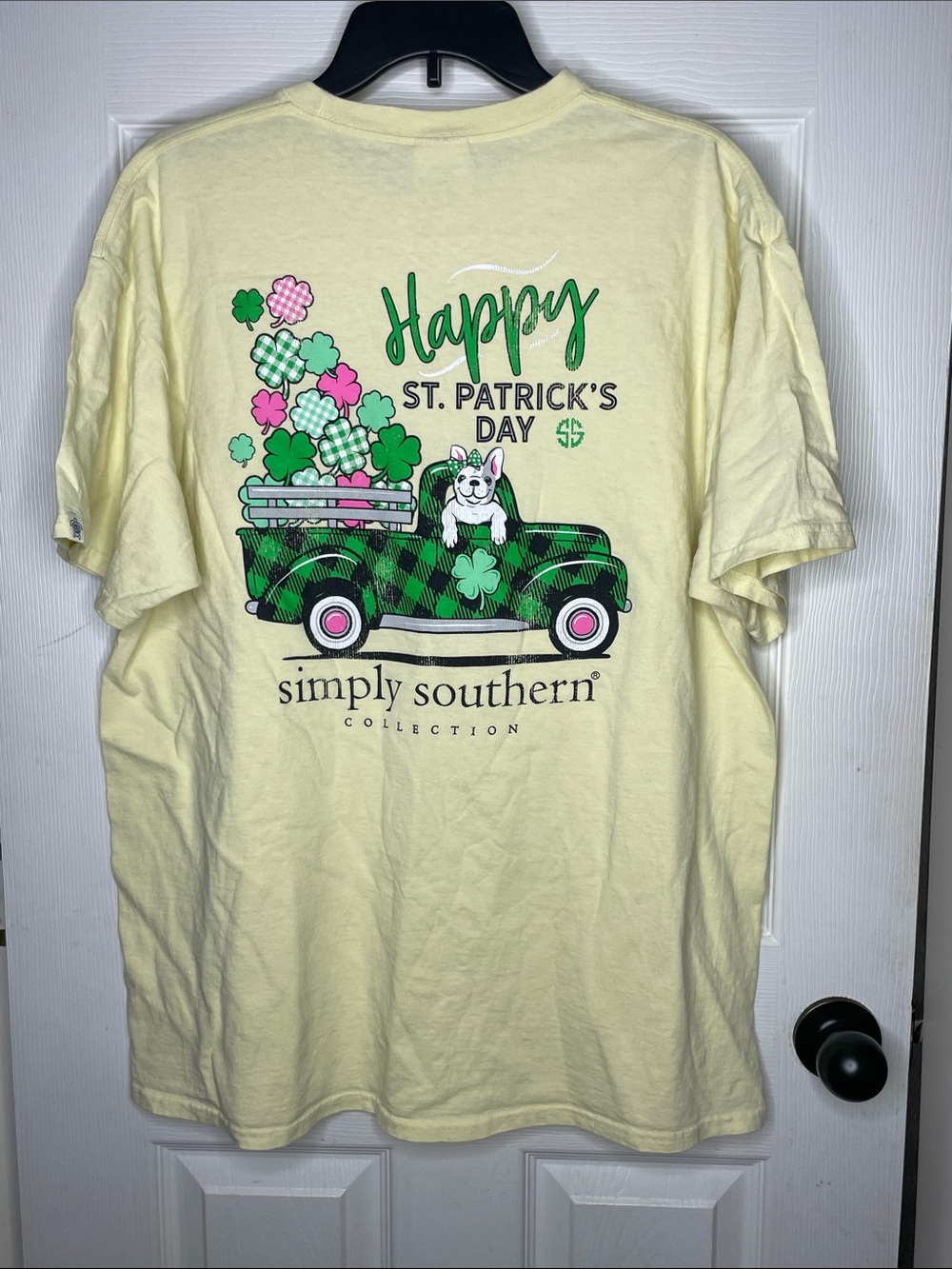 Simply Southern Yellow Tee with Green Plaid Truck & Pink Accents. Size XL